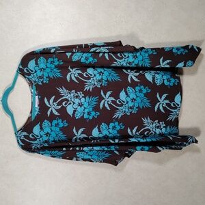 01550 Quacker Factory brown & turquoise floral & flamingo blouse XL